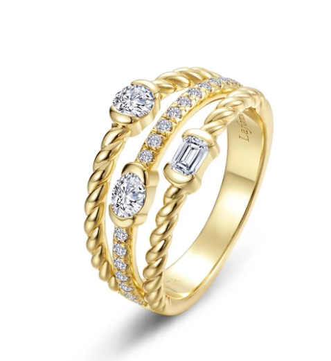 R0582CLG Lafonn Gold Plated Sterling Silver .66CTW Lassaire Mixed-Cut Triple Row Rope Ring 0
