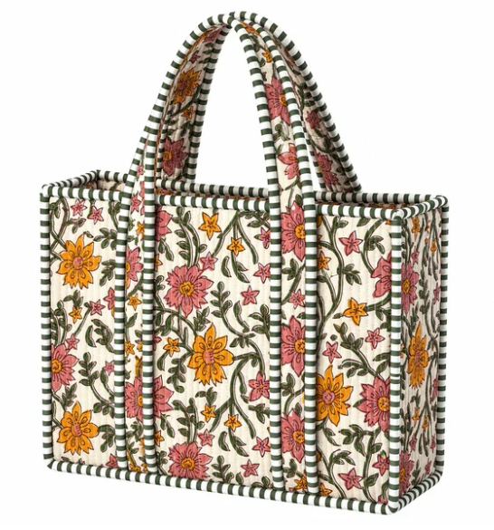 MTB309 Mini Quilted Tote Bag Gold/Pink/Green Floral 0