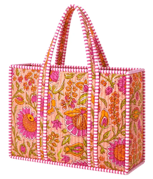 TB144 Large Quilted Tote Bag Floral Orange 0