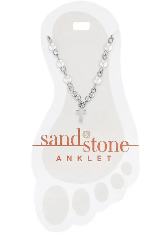 SS-ANKS18 Sand & Stone Silver Tone Cross Dangle Anklet 0