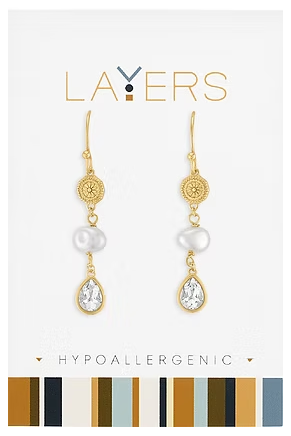 LAY-EAR130-G Layers Gold Tone Medallion Pearl & Teardrop CZ Dangle Earrings 0