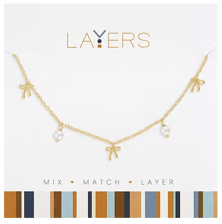 LAY-233G Layers Gold Tone Multi Petite Pearls & Bows Necklace 0
