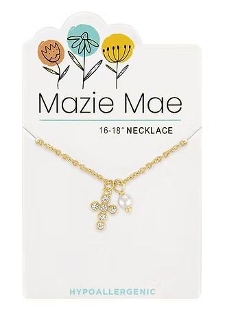 MM-NECKG259 Mazie Mae Gold Tone CZ Cross & Pearl Necklace 0