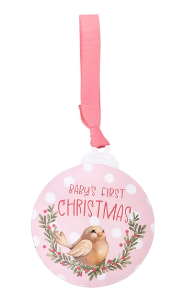35815 Divinity Boutique Metal Ornament Baby's First Christmas Pink 0
