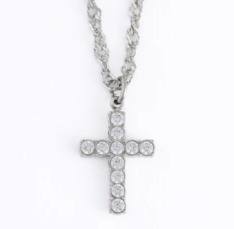10247 Narelle Waterproof Stainless Steel Dainty Clear Stone Pave Cross Necklace 0