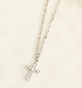 10247 Narelle Waterproof Stainless Steel Dainty Clear Stone Pave Cross Necklace 0