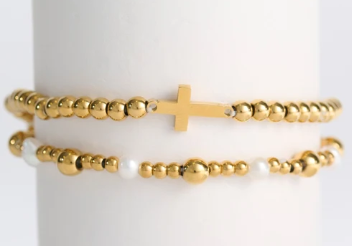 10253 Narelle 18K Yellow Gold Plated Pearl Station & Cross Stretch Bracelet Set 0