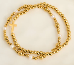 10253 Narelle 18K Yellow Gold Plated Pearl Station & Cross Stretch Bracelet Set 0