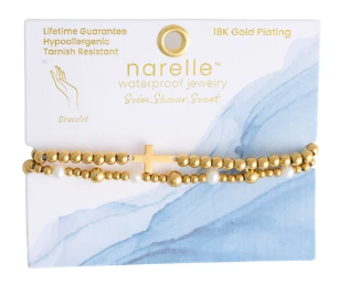 10253 Narelle 18K Yellow Gold Plated Pearl Station & Cross Stretch Bracelet Set 0