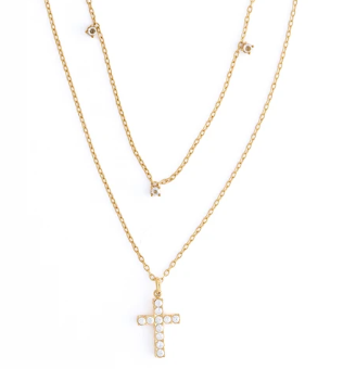 10248 Narelle 18K Yellow Gold Plated Waterproof Dainty Double Row Cross Necklace 0