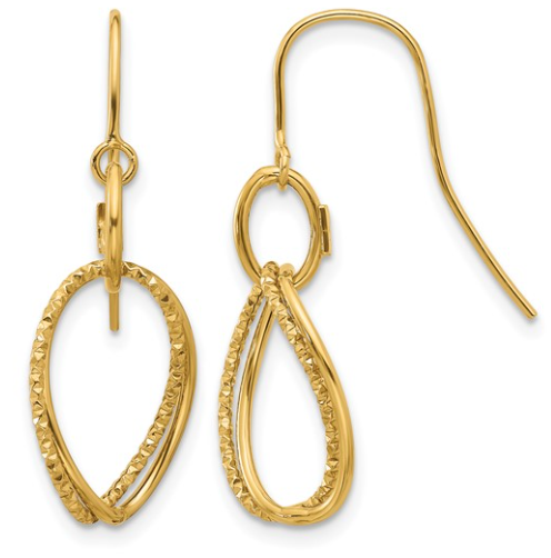 TC02 10K Yellow Gold Polished & Textured Shepard Hook Dangle Earrings 0