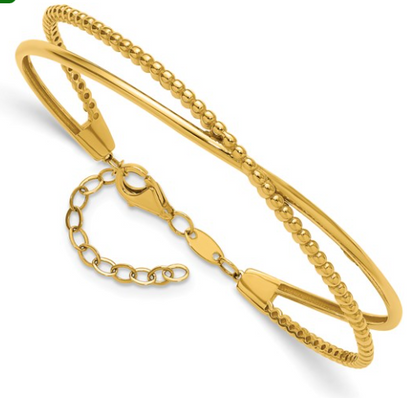 10LF703 10K Yellow Gold Polished & Beaded w/1in Safety Chain Cuff Bracelet 0