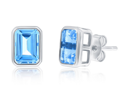 Col-188 D-9353 Sterling Silver Emerald Cut CZ Birthstone Stud Earrings 0