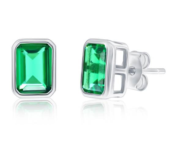 Col-188 D-9353 Sterling Silver Emerald Cut CZ Birthstone Stud Earrings 0