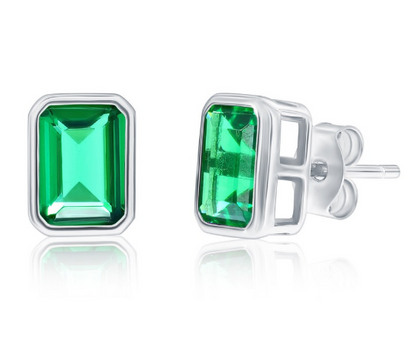 Col-188 D-9353 Sterling Silver Emerald Cut CZ Birthstone Stud Earrings 0