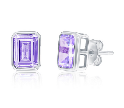 Col-188 D-9353 Sterling Silver Emerald Cut CZ Birthstone Stud Earrings 0
