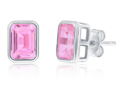 Col-188 D-9353 Sterling Silver Emerald Cut CZ Birthstone Stud Earrings 0