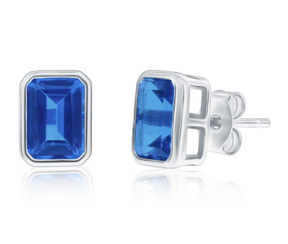 Col-188 D-9353 Sterling Silver Emerald Cut CZ Birthstone Stud Earrings 0
