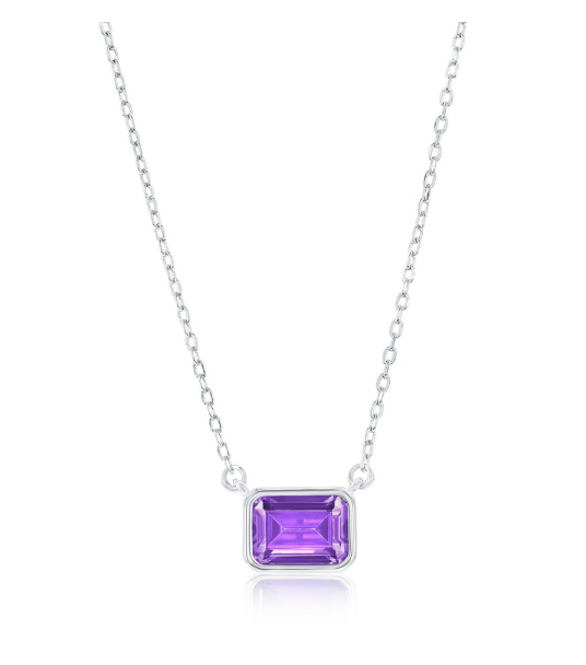 COL-188 M-7909 Sterling Silver Emerald Cut CZ Birthstone Necklaces 16"+ 2" Long 0