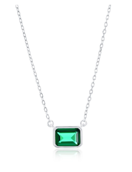 COL-188 M-7909 Sterling Silver Emerald Cut CZ Birthstone Necklaces 16"+ 2" Long 0