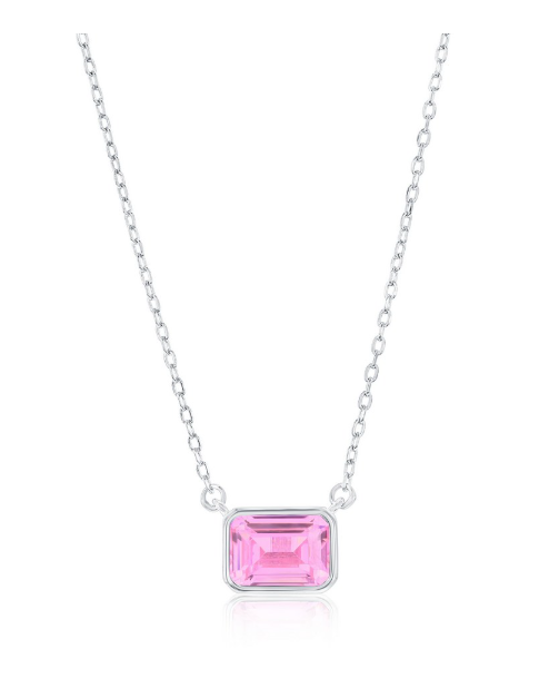 COL-188 M-7909 Sterling Silver Emerald Cut CZ Birthstone Necklaces 16"+ 2" Long 0