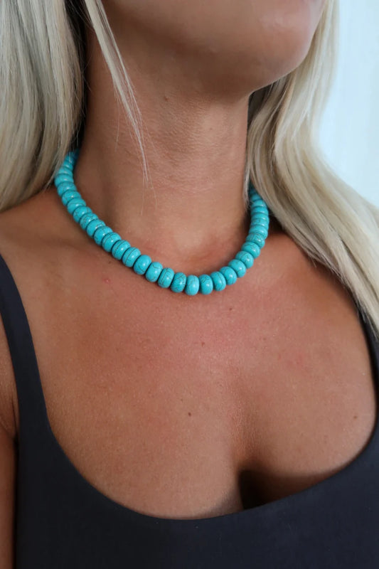 Chansuttpearls Turquoise Chunky Necklace 18k Gold Plated Stainless Steel Water Resistant 16-19" Long 0