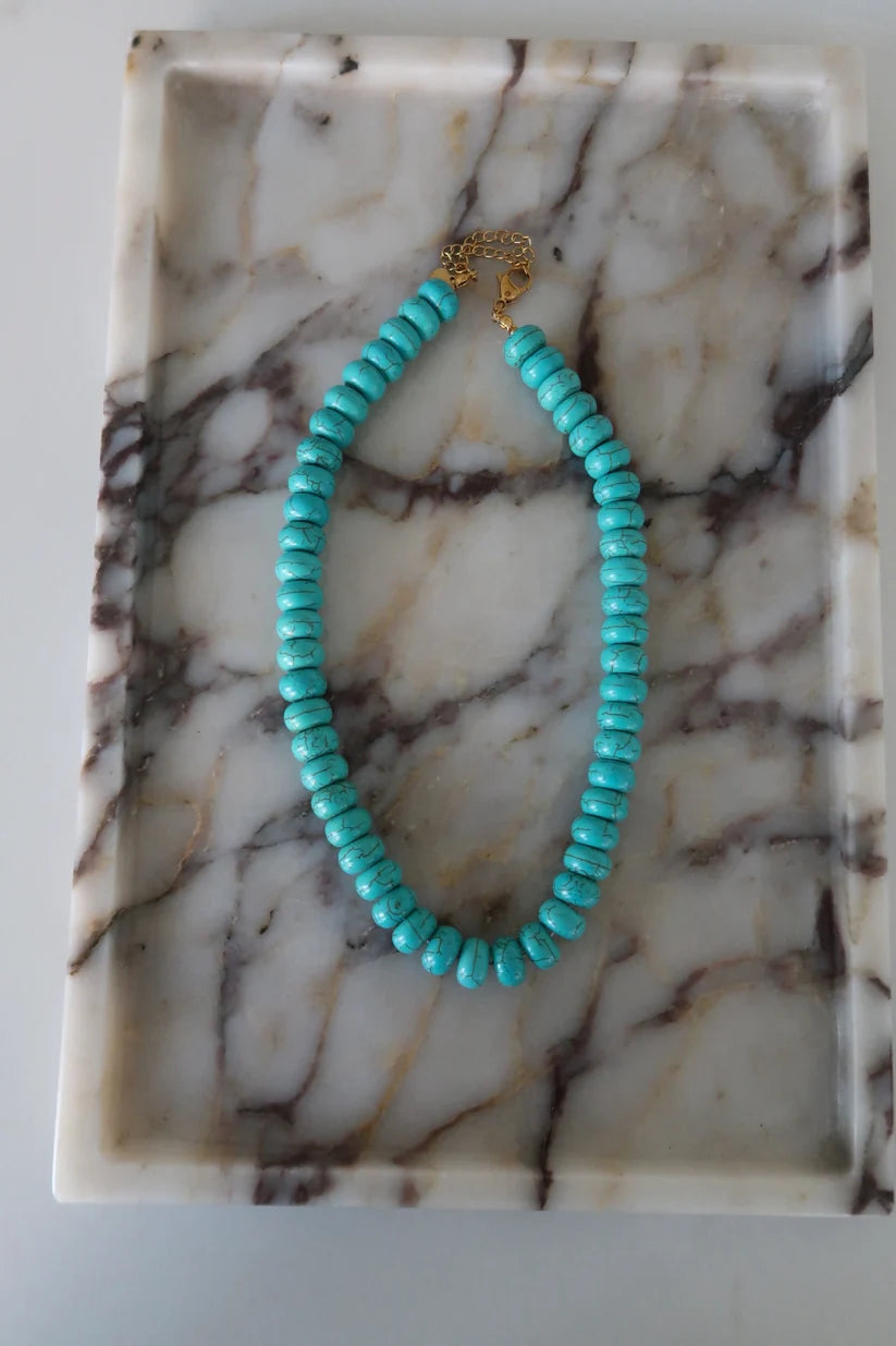 Chansuttpearls Turquoise Chunky Necklace 18k Gold Plated Stainless Steel Water Resistant 16-19" Long 0