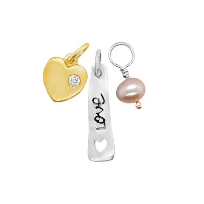 Sterling Silver Gold Plated Pearl Love, Heart, and Pearl 3 Piece Pendant Set (Chain not Included)