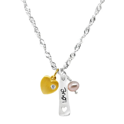Sterling Silver Gold Plated Pearl Love, Heart, and Pearl 3 Piece Pendant Set (Chain not Included)