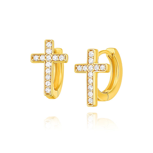481 Ellie Vail Waterproof Gold-Plated Stainless-Steel Ridge Cross Huggie Hoop Earrings