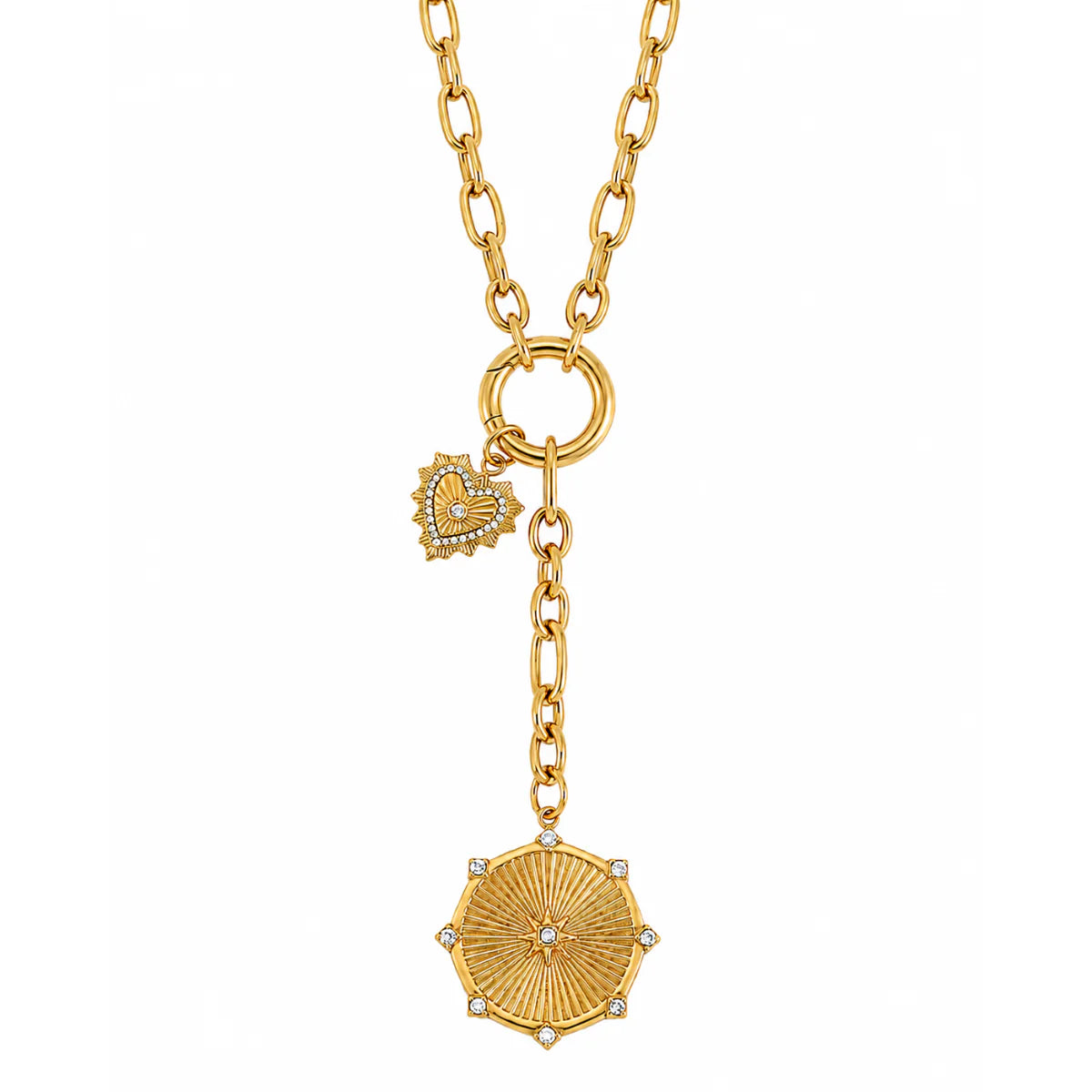 128 Ellie Vail Waterproof Gold-Plated Stainless-Steel Linden Toggle Chain Medallion Lariat Necklace