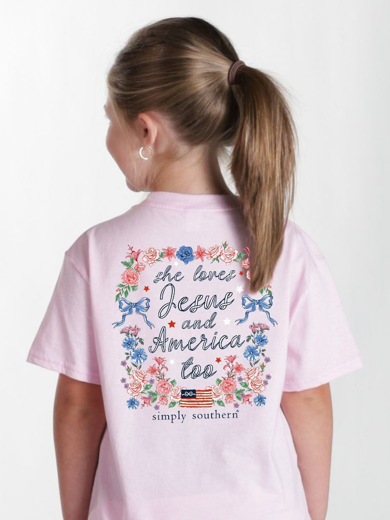 YTH-SS-JESUS-PEONY Youth Simply Southern 'She loves Jesus and America too' Pink