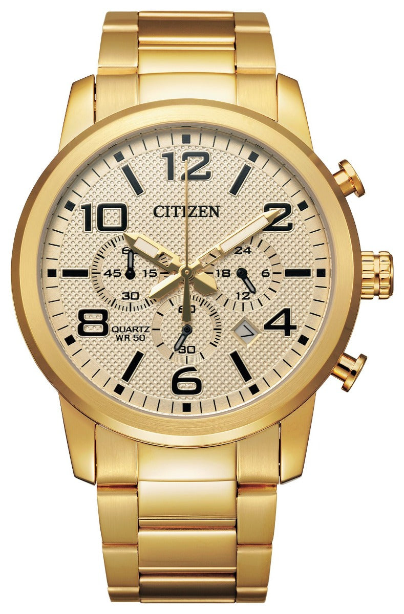 Mens Gold Tone Stainless Steel Chronograph Citizen Quartz Watch