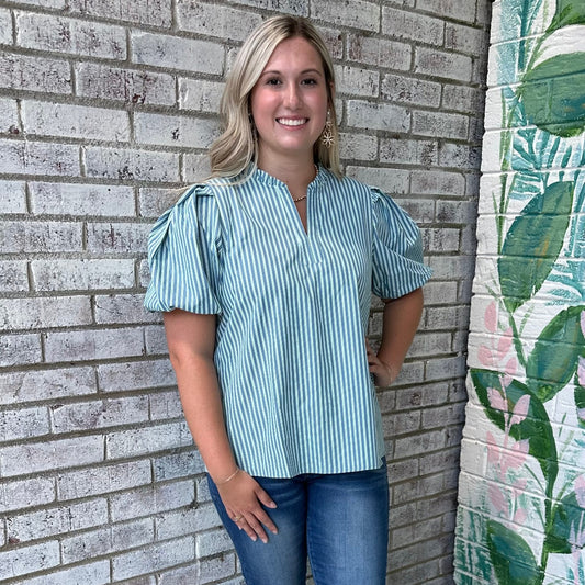 The Lainey Top in Blue Green Stripe