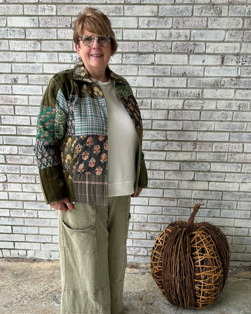 Myra Bag Meadow Folk Quilted Jacket with Patchwork in Dusty Green