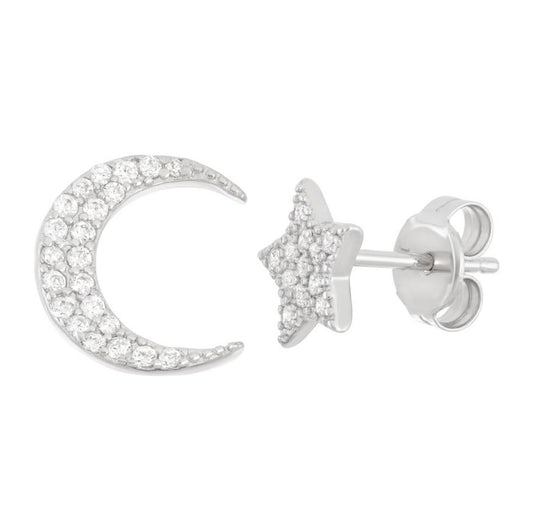 Sterling Silver Star & Moon Stud Earrings