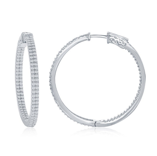 Sterling Silver 3x40mm Inside-Outside Double Row CZ Hooop Earrings