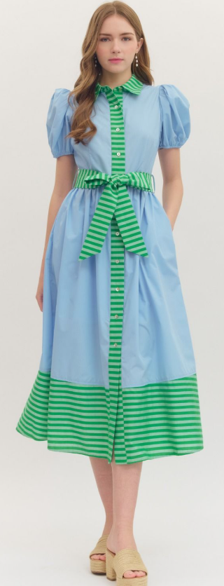 D31052 Entro Green Dress With Puff Sleeves and Contrasting Stripe Placket and Collar