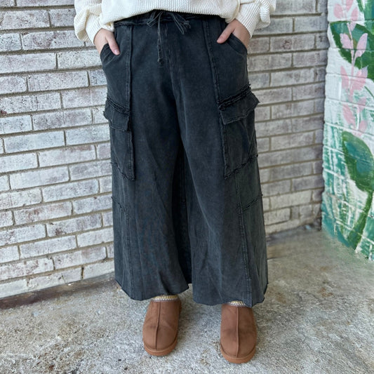 Soft Breeze Wide Leg Pants In Black Mineral Wash - Plus Size