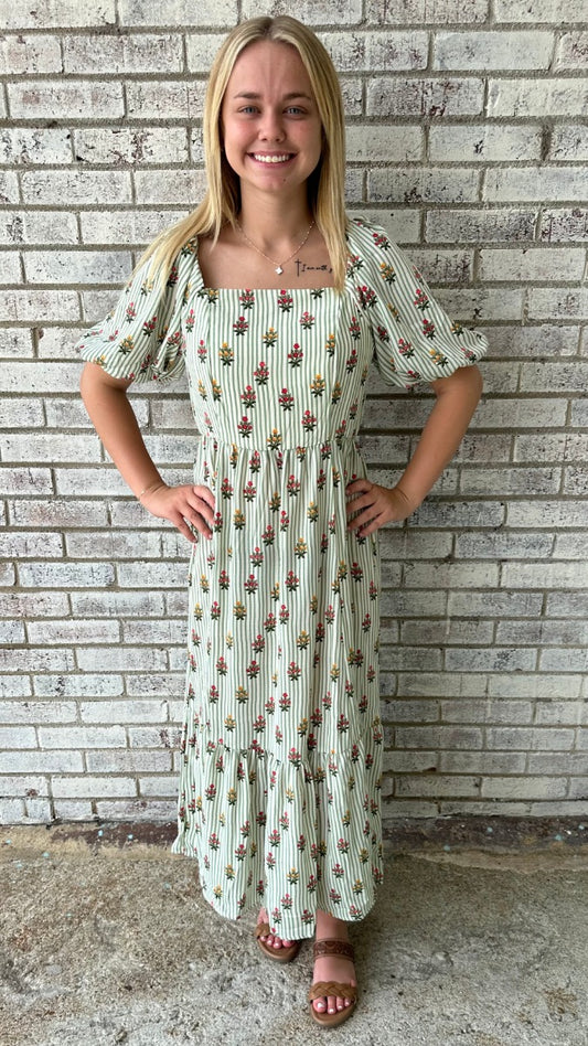The Alexi Dress in Cottage Stripes Green