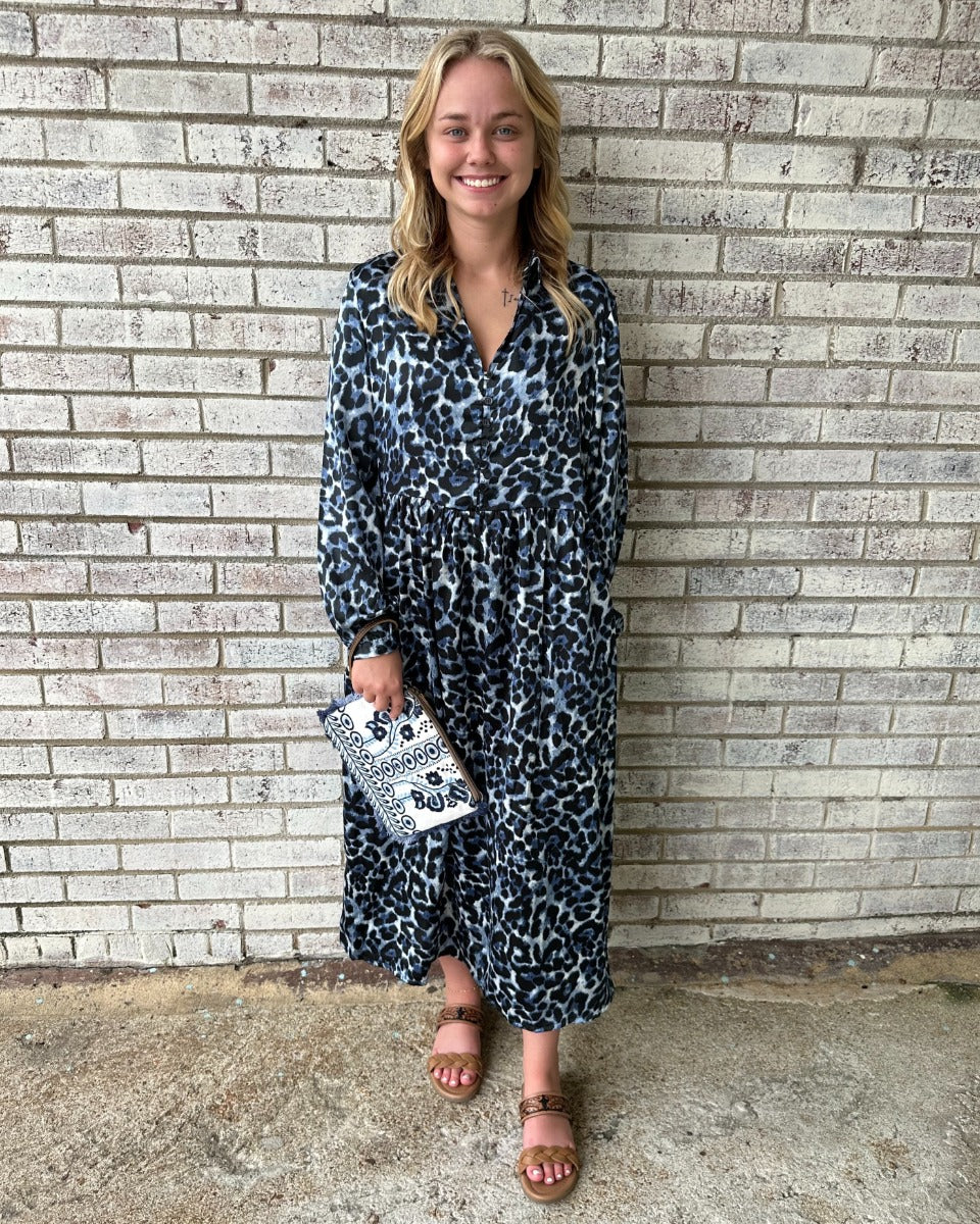 Myra Bag Palm Theory with Animal Print Maxi Dress in Twilight Navy