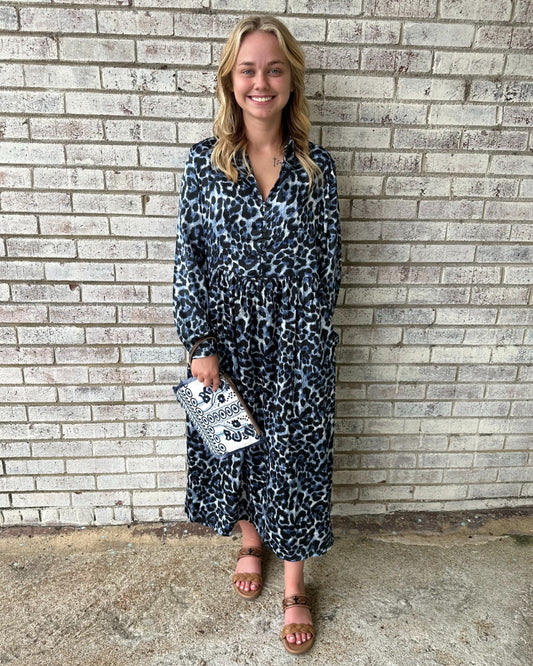 Myra Bag Palm Theory with Animal Print Maxi Dress in Twilight Navy