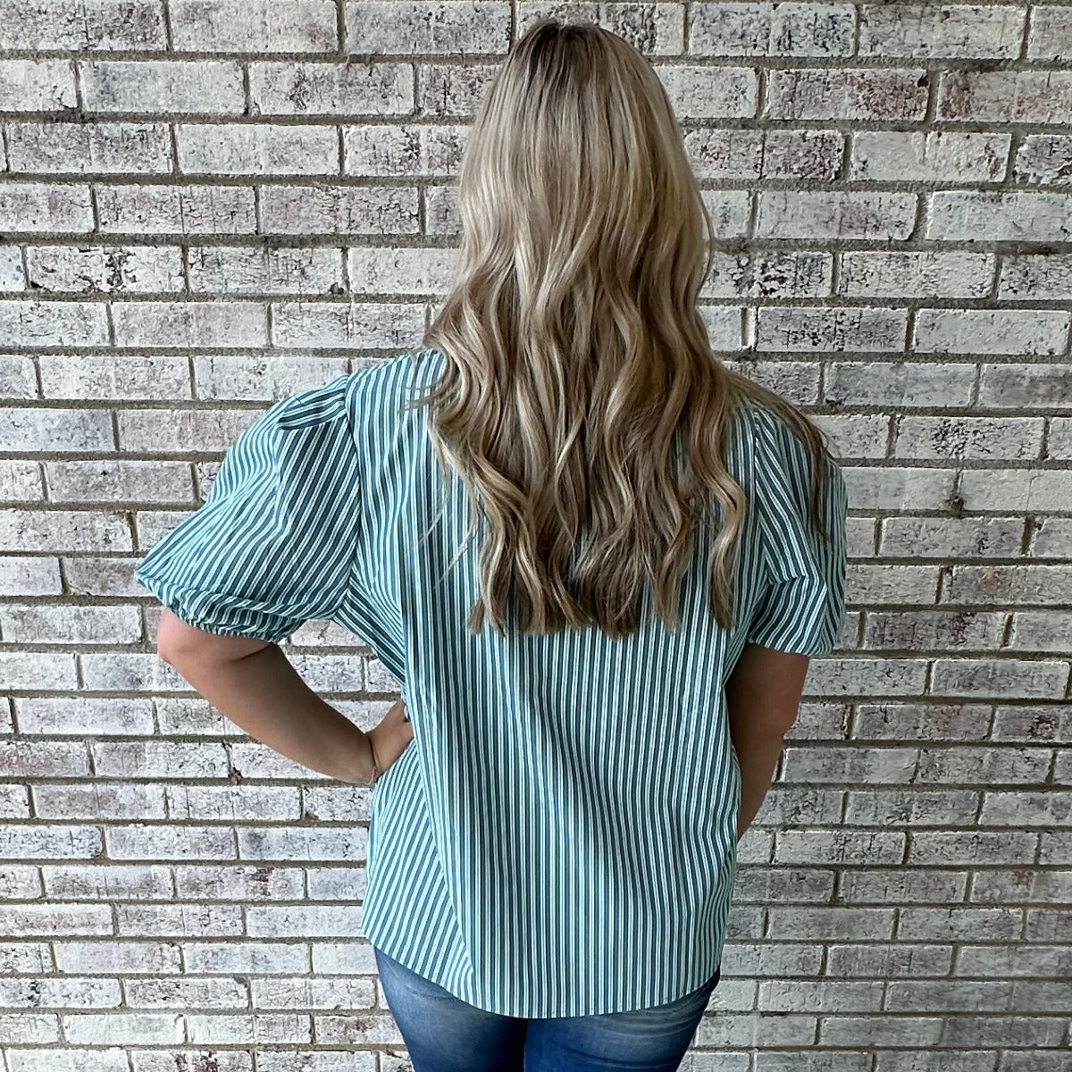 The Lainey Top in Blue Green Stripe
