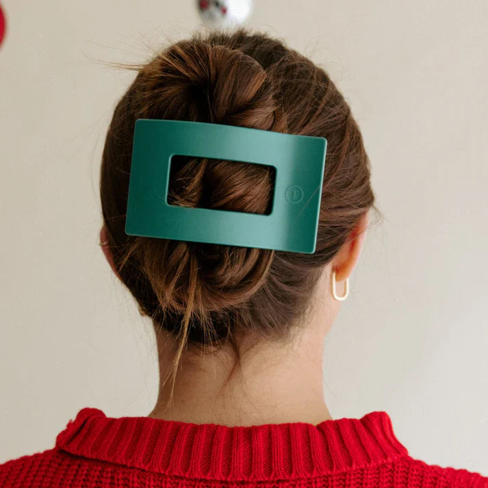 TT-FCM03-180 TELETIES LARGE FLAT RECTANGLE HAIR CLIP- FIR REAL GREEN