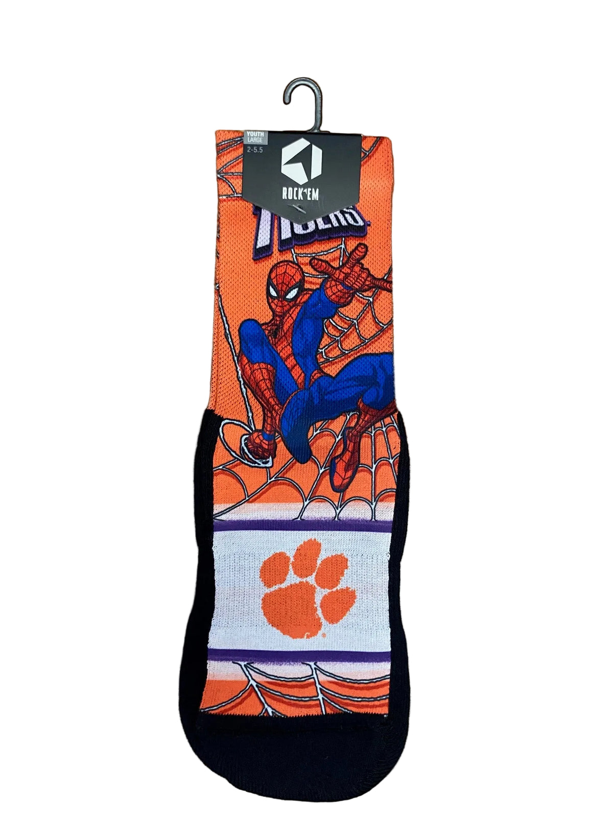 CL-MARVEL-CLEM-WEBSOUT-CREW-YTHL Clemson Tigers Spiderman Socks Youth Large 0