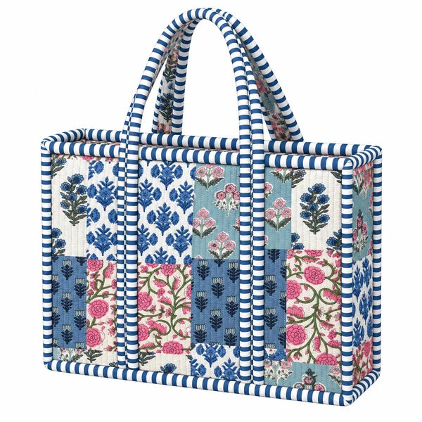 Pastel Blue Patchwork Print Quilted Mini Tote Bag 0