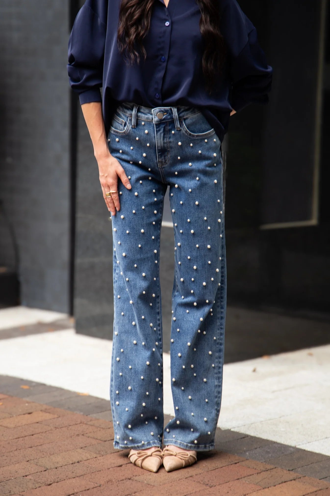 1162J Grace & Emma Straight Leg Jeans with Pearl Studs