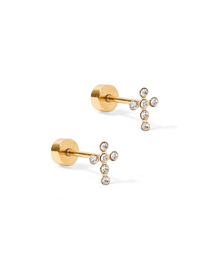 LINNY2345 Screwback Stud Earrings - Clara Cross Gold Sparkle Flatback 0