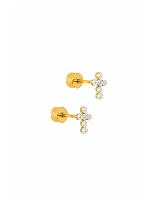 LINNY4316 Clara Cross Pearl Screwback Earring