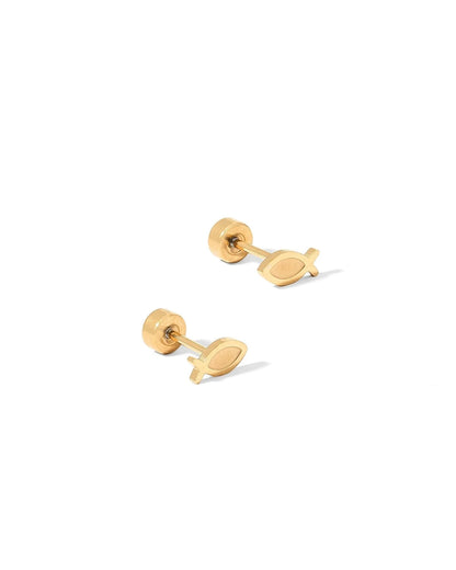 LINNY4384 Screwback Stud Earrings - Ichthys Fish Gold Flatback 0
